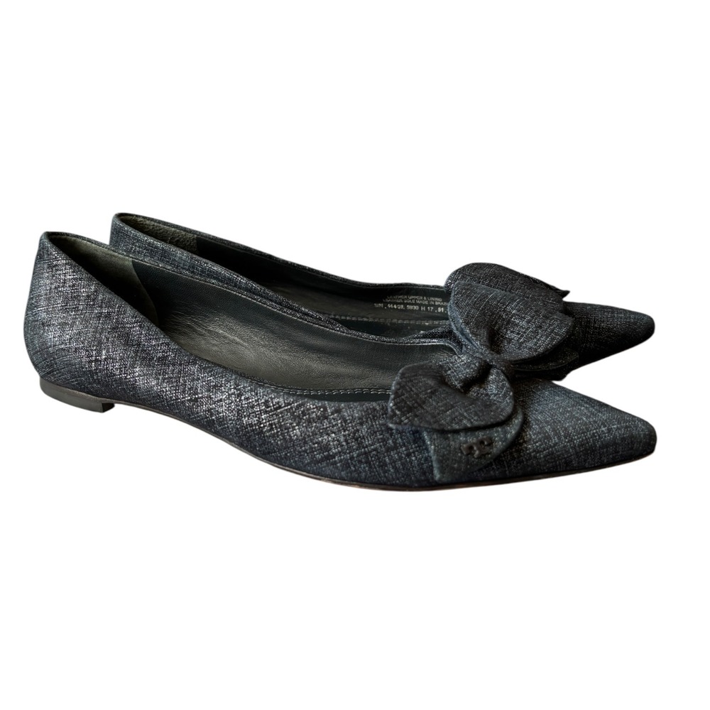 Tory Burch Navy Blue Denim Rosalinda Ballet Flats Sz 6.5 Bow Pointed Toe